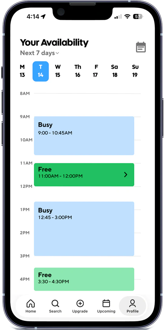 Weekly availability view showing free and busy time blocks
