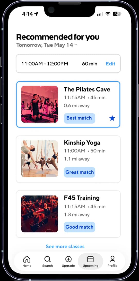 Class recommendations matched to an open calendar slot