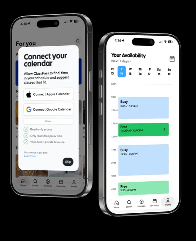 ClassPass calendar connection and availability screens