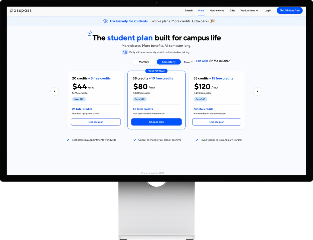 ClassPass student pricing plan comparison with semester and monthly options