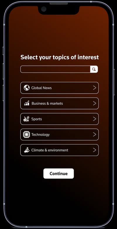 Topic of interest selection onboarding screen