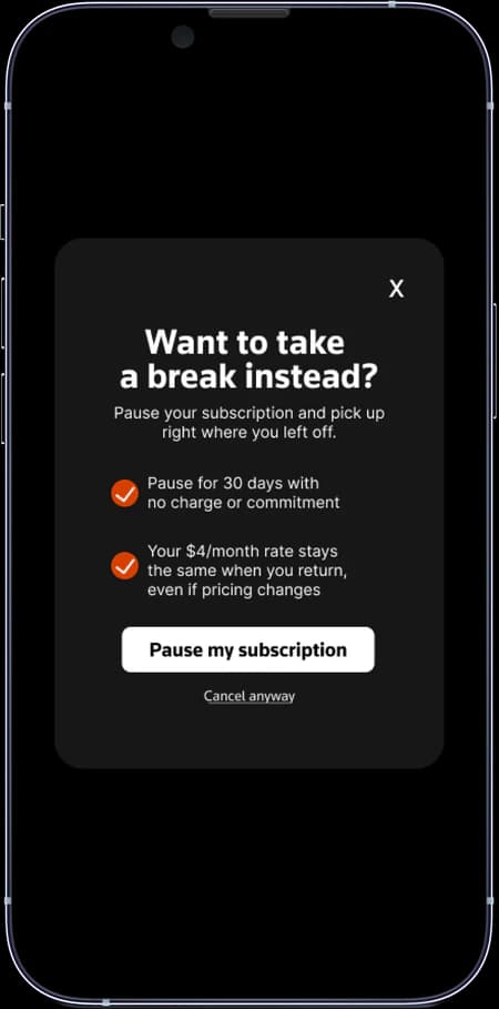 Pause subscription screen offering a 30-day break