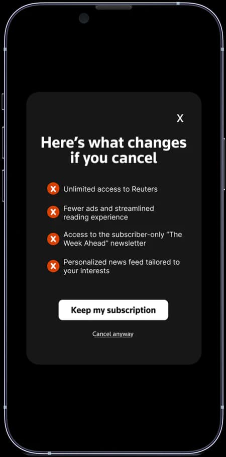 Cancellation screen showing value reminder of what would be lost