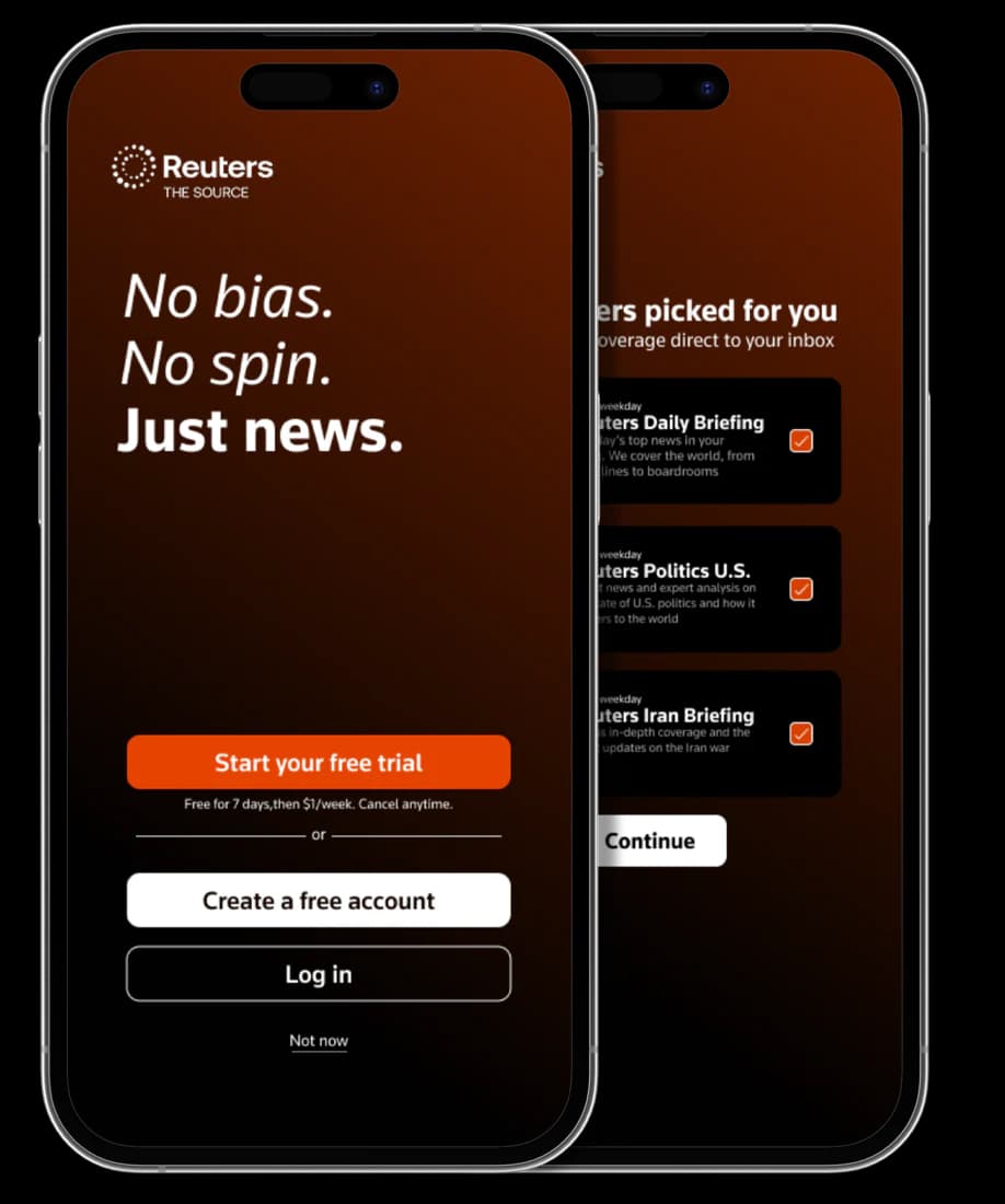 Reuters onboarding screens on two phones