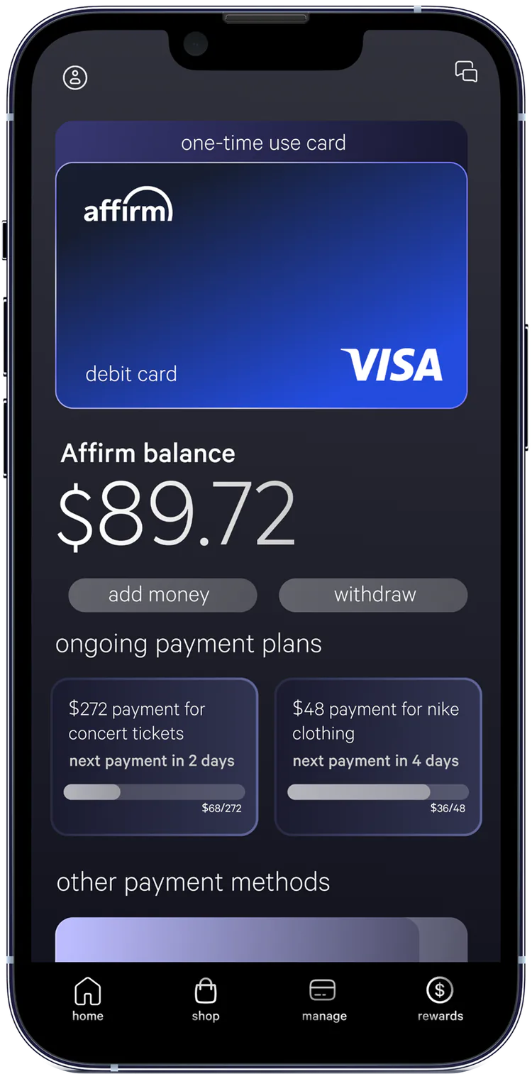 Dedicated Affirm Card home screen with balance and payment plans