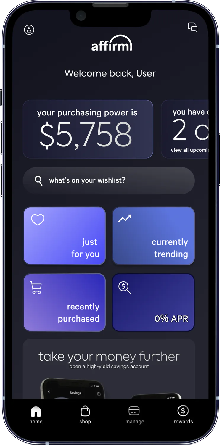 Affirm home screen with product-focused discovery sections