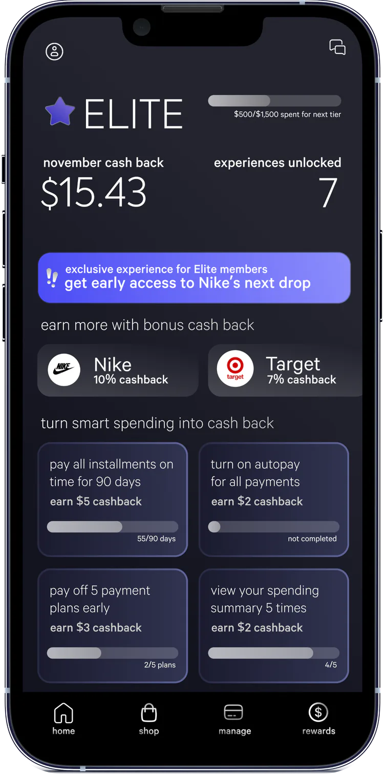 Affirm Elite loyalty tier screen with cash back and rewards progress